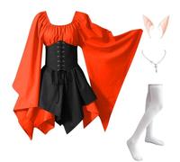 Abito Celtico Donna Pipistrello Elegante Costumi Di Halloween Vittoriano Vintage Vestito Da Steampunk Con Corsetto Carnevale con Orecchie da Elfo, Collana, Calze Sopra il Ginocchio