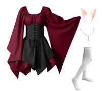 Abito Celtico Donna Pipistrello Elegante Costumi Di Halloween Vittoriano Vintage Vestito Da Steampunk Con Corsetto Carnevale con Orecchie da Elfo, Collana, Calze Sopra il Ginocchio