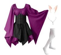 Abito Celtico Donna Pipistrello Elegante Costumi Di Halloween Vittoriano Vintage Vestito Da Steampunk Con Corsetto Carnevale con Orecchie da Elfo, Collana, Calze Sopra il Ginocchio