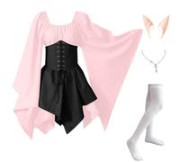 Abito Celtico Donna Pipistrello Elegante Costumi Di Halloween Vittoriano Vintage Vestito Da Steampunk Con Corsetto Carnevale con Orecchie da Elfo, Collana, Calze Sopra il Ginocchio