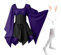Abito Celtico Donna Pipistrello Elegante Costumi Di Halloween Vittoriano Vintage Vestito Da Steampunk Con Corsetto Carnevale con Orecchie da Elfo, Collana, Calze Sopra il Ginocchio