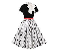 Abito Cerimonia Donna Curvy Vestiti Donna Eleganti Vestiti Anni 50 Vintage da Cocktail Sera Manica Corta con Scollo a Cravatta Vestito Elegante Matrimonio Cerimonia Battesimo Donna Pois Nero M