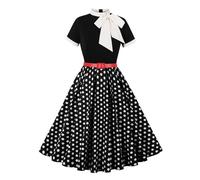 Abito Cerimonia Donna Curvy Vestiti Donna Eleganti Vestiti Anni 50 Vintage da Cocktail Sera Manica Corta con Scollo a Cravatta Vestito Elegante Matrimonio Cerimonia Battesimo Donna Pois Bianco XL