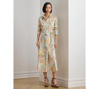 Abito chemisier a maniche lunghe in lino con stampa a fiori Beige S Floreale