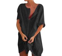 Abito Chemisier da Donna in Cotone Lino, Vestito in Lino, Vestito Cotone Donna Estivo, Casual Vintage Colore Maniche a Sette Minuti Maxi Abito Linea A Boho Spiaggia Vestiti (Black, XXL)