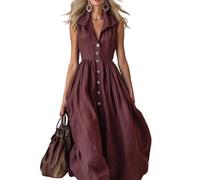 Abito Chemisier Donna Lungo Senza Maniche con Scollo a V e Bottoni Vestito Estivo Elegante in Cotone Lino Vestiti Mare Curvy Casual Leggero per Lavoro Ufficio Viaggio Spiaggia Uscite,Bordeaux,L