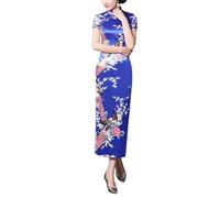Abito Cheongsam Da Donna Abito Da Sera A Maniche Corte Vestibilità Slim Stile Retrò Lungo Stampato con Colletto Alla Coreana Qipao Aderente con Spacco Laterale per Invitata A Un Matrimonio Blu Rea