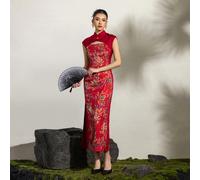 Abito cheongsam da donna con colletto alla coreana, spacco laterale, stampa all-over - Abito cheongsam aderente senza maniche di lunghezza media, adatto per occasioni professionali, feste in ufficio, 