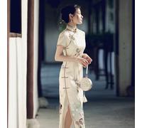 Abito Cheongsam Elegante In Raso Floreale Lungo Per Donne Con Spacco Alto