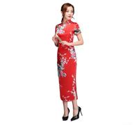 Abito Cheongsam Lungo Donna, Pavone, Collo Mandarino Abito Cheongsam(Red XL)