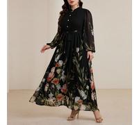 Abito chiffon a fiori di alta qualità da donna taglie comode, con colletto alto e maniche a lanterna, elegante, snellente, con vita definita, romantico 0XL,1XL,2XL,3XL,4XLFloreale,PianteTessuto intrec