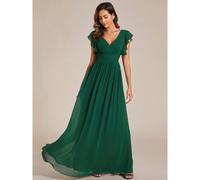 Abito chiffon verde senza maniche con arricciature, scollo a V, design drappeggiato e posteriore scollato, gonna plissettata asimmetrica, per damigella d'onore o madre della sposa per matrimonio o vac
