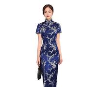 Abito Cinese da Donna - Abito Lungo Sottile A Maniche Corte in Raso di Broccato Cheongsam Lungo A Forcella Cinese Classico Qipao da Donna A Maniche Corte Abito da Sera da Sposa Sexy,Blu Navy,