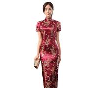Abito Cinese da Donna - Elegante Cheongsam A Forchetta Lunga in Raso di Broccato Cinese Classico Qipao da Donna Manica Corta Abito da Sera da Sposa Sexy,Rosso,S