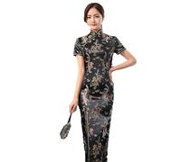 Abito Cinese da Donna - Estate Elegante Broccato Raso Forchetta Lunga Cheongsam Cinese Classico Qipao da Donna Manica Corta Abito da Sera da Sposa Sexy,Nero,XL