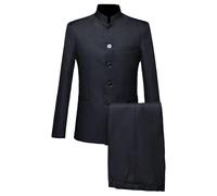 Abito Cinese da Uomo, 2 Pezzi, vestibilità Slim, Colletto alla Coreana, Tunica Cinese, Abito da Ballo, Blazer, Giacca e Pantaloni, Set Nero Extra Large