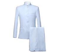 Abito Cinese da Uomo Slim Fit, 2 Pezzi, Tunica Cinese, Colletto rialzato, Blazer e Pantaloni, Set da Sposa, Bianco, Taglia M
