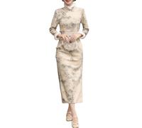 Abito Cinese Donna Elegante,Cinese Qipao Paesaggio Dipinto Stile Cinese Stampa Vintage Elegante Cinese Cheongsam Spacco Laterale Abito Avvolgente Abito Manica Lunga Abito da Sera Abito da Ballo Paes