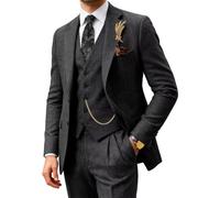 Abito Classico da Uomo, vestibilità Regolare, 3 Pezzi, Giacca in Lana Tweed a Spina di Pesce, Smoking, sposi da Sposa, Blazer, Pantaloni per Matrimonio, Grigio, S