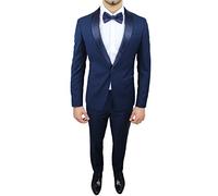Abito Completo Uomo Sartoriale Blu Raso Slim Nuovo Elegante Cerimonia (56, Blu)