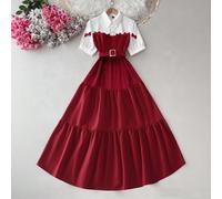 Abito con fiocco rosso e bianco che affina la vita, stile preppy - Abito a maniche corte per una silhouette snella ed elegante, abito da appuntamento femminile e chic L,M,S,XLColore unicoTessuto intre