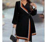 Abito con maniche a lanterna e nastri colorati, taglie comode per donna 0XL,1XL,2XL,3XL,4XL,5XLBlocchi di colore,A strisceTessuto