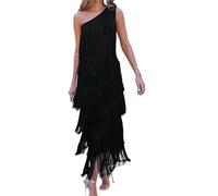 Abito con Nappe Abito da Donna alla Moda con Nappe e Spalle Scoperte, Asimmetrico, Estivo, Elegante, for Feste, Balli di fine Anno(Black,L)