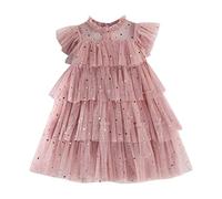 Abito con paillette, a maniche volanti, da principessa, tutù, per bambini, per le feste, per le feste, per il matrimonio, con volant, in tulle, per il battesimo, Colore: rosa., 100