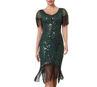 Abito con paillette, abito da festa elegante decorato con paillettes e frange in tulle ideale per una serata formale, un ballo di fine anno o una cena di gala, verde, S