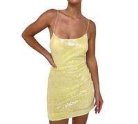 Abito con paillettes da donna, con spaghetti a strappo/schiena scoperta, giallo chiaro, abito con paillettes da donna, corto da sera, cocktail e feste, mini abiti aderenti alla moda, sexy chic ed