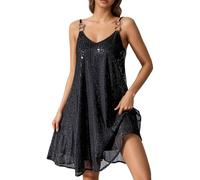 Abito con paillettes, sexy da donna, con scollo a V, con schiena scoperta, lucido, con spalline sottili, senza schiena, mini abito da discoteca, per il tempo libero, O nero., L