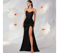 Abito con scollo a cuore, vita alta, schienale aperto e spacco, con patchwork di paillettes, adatto per ballo, festa, compleanno, appuntamento, cerimonia, matrimonio, cena formale L,M,S,XSPianteTessut