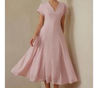 Abito con scollo a V poco profondo, vita inserita, gonna a campana, abito a-line, abito con scollo a V, maniche corte con risvolto, rosa chiaro, primavera/estate, minimalista ed elegante, tessuto legg