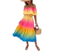 Abito con Spalle Scoperte Abito da Donna con Spalle Scoperte, Elegante e alla Moda, Colletto a Una Linea, Abito Arcobaleno Plissettato in Vita per Cerimonia(S)