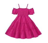 Abito con Spalle Scoperte,Abito Estivo per Bambini,Maniche Arricciate,Vestito Bambina Elegante,Vestito Bambina 10 anni,Vestito Cerimonia Bambina,Abito da Sposa Principessa (Hot Pink, 4-5 Years)