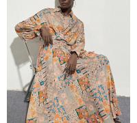 Abito con stampa blu e arancione stile pittura ad olio, con scollo avvolgente e vita annodata, dal vibe romantico e artistico alla francese, adatto per uscite in un museo d'arte nel weekend L,M,S,XLSt