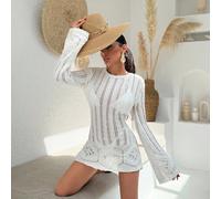 Abito copricostume lavorato a maglia per l'estate con scollo a lupetto, schiena scoperta, fiocco, maniche a campana, effetto uncinetto, per vacanze e spiaggia L,M,SMaglieria