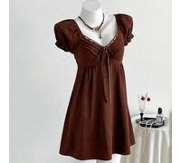 Abito corto a-line versatile e alla moda in stile bambola, abito con applicazioni in pizzo e laccetti in tessuto jacquard L,M,S,XSColore unicoTessuto intrecciato