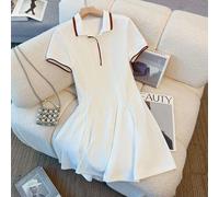 Abito corto alla moda con colletto a coste e maniche corte a campana, abito bianco estivo da donna, abiti corti estivi da donna, abbigliamento estivo da donna L,M,S,XLBlocchi di colore,A strisceTessut