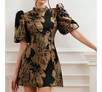 Abito corto alla moda e di alta qualità, con base nera e contrasto di colore bordeaux, maniche a palloncino, vita stretta, stile minimalista, stampa all-over, adatto per vacanze estive, primavera, aut