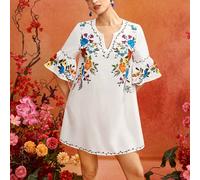 Abito corto ampio con scollo a V e maniche a metà, floreale, elegante, maturo, casual, sexy, adatto per uscite, lavoro, ufficio, uso quotidiano, feste, compleanni, vacanze, viaggi in Medio Oriente, sp