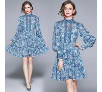 Abito Corto Blu Pavone Con Pizzo Ricamato Balze Elegante Cerimonia CF47174