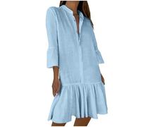 Abito corto casual da donna elegante con maniche a 3/4 a campana bottoni scollo a V abiti a tunica alla moda con orlo a volant abito da vacanza spiaggia mini prendisole I miei ordini Vendita