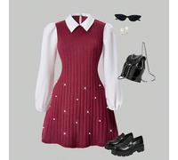 Abito corto casual da ragazza con maniche lunghe, in colore unito e patchwork, adatto per la scuola, gli spostamenti, le uscite, abbinabile a giacche, cappotti, giubbotti 14Y,13Y,16Y,15YPoliestere