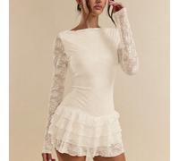 Abito corto con balze e pizzo floreale, elegante per appuntamenti serali, discoteca, riunioni con amici, feste di compleanno, feste natalizie, San Valentino, sensuale abito corto a maniche lunghe L,M,