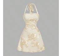 Abito corto con scollo a canottiera in pizzo ricamato color albicocca - Stile glamour da corte, romantico da sogno, adatto per appuntamenti, feste, abbigliamento estivo e primaverile da donna, vacanze