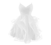 Abito Corto da Ballo in Tulle Glitterato - Spalline Sottili, Scollo A V, Volant - Cocktail Gonfio per Adolescenti Homecoming - White S