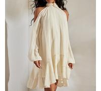 Abito corto da donna bianco elegante con spalle scoperte e volant a strati, abito da brunch a maniche a lanterna in tinta unita, ideale per vacanze estive al mare e come abito da invitata a un matrimo
