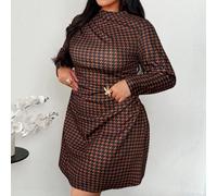 Abito corto da donna con maniche lunghe, vita elastica, stampa pied-de-poule, stile plissettato a-line, adatto per occasioni quotidiane, matrimoni, feste, festival musicali e vacanze, elegante e roman