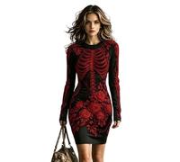 Abito corto da donna, con scheletro rosa gotico, Halloween, aderente | Fascino Oscuro